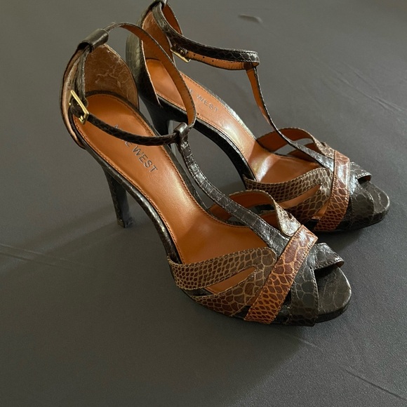 Nine West Brown Snake Animal Print Vintage-Inspired Peep-Toe Heels Sz 7 - Picture 7 of 7